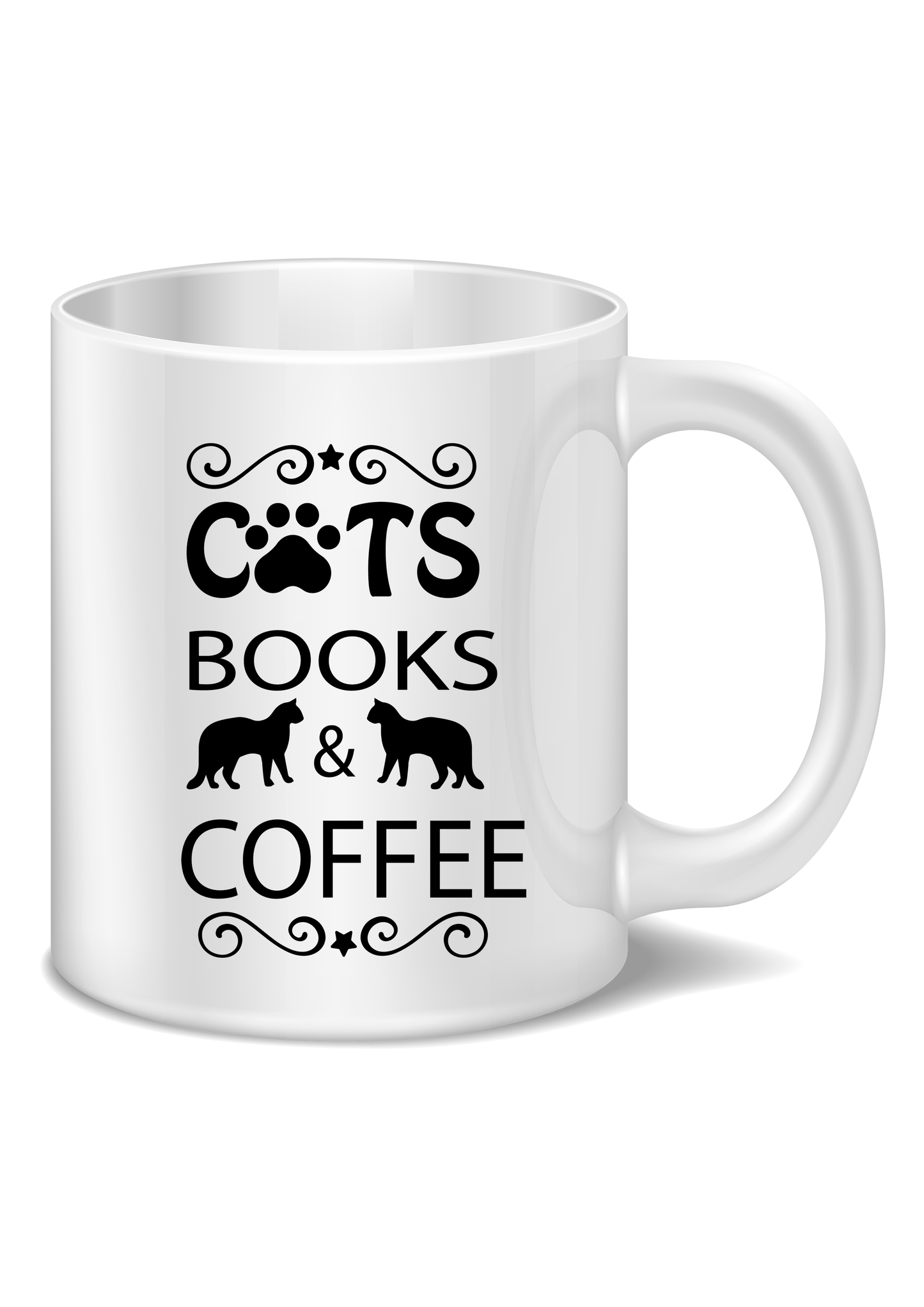 printed mug with cats books and coffee slogan 
