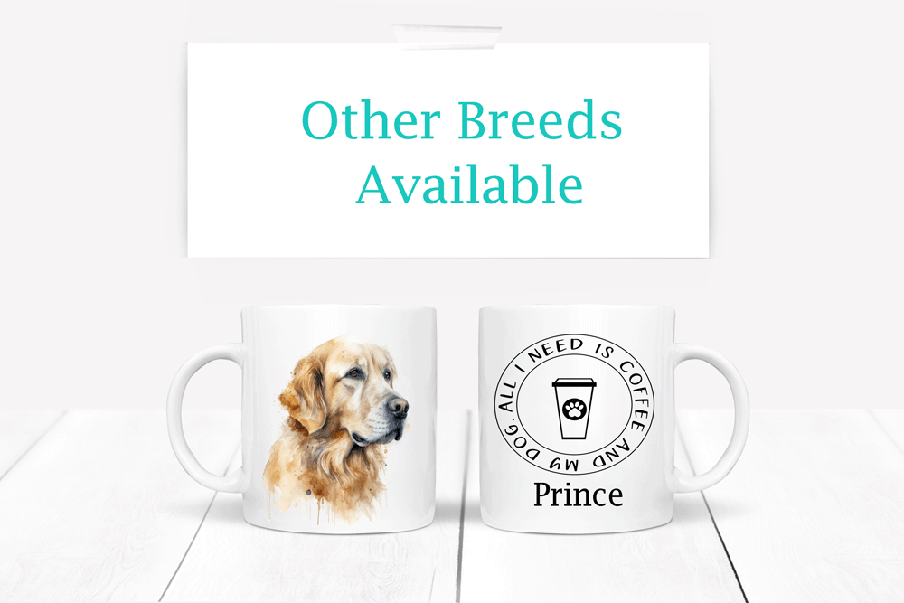 golden retriever printed mug showing both sides of mug